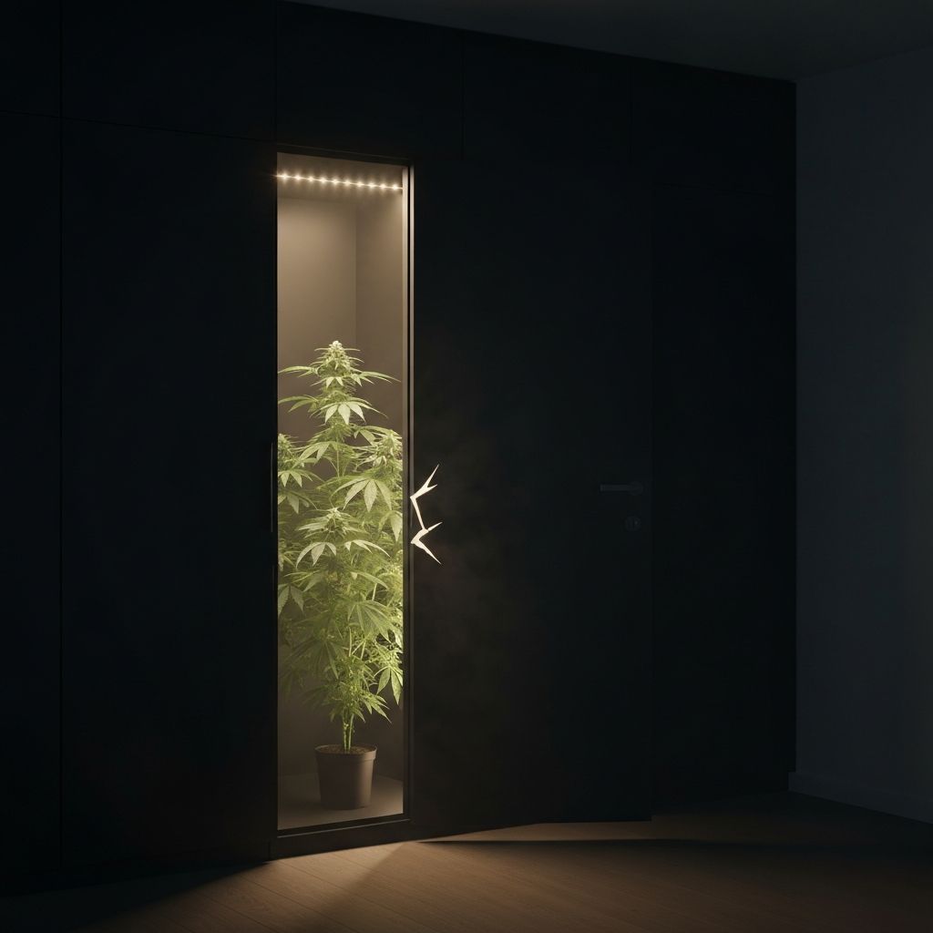 Wide view of a discreet closet grow with carbon filter and inline fan