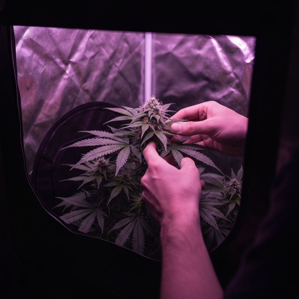 Grower's hands inspecting a young cannabis plant inside a closet grow